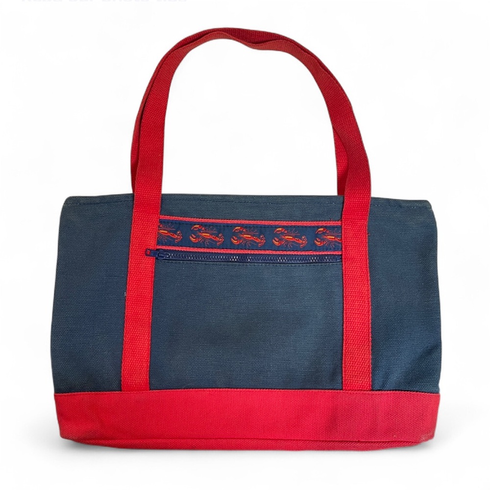 Navy Nautical Lobster Tote with Red strap Zip Closure Preppy Coastal‎ Style